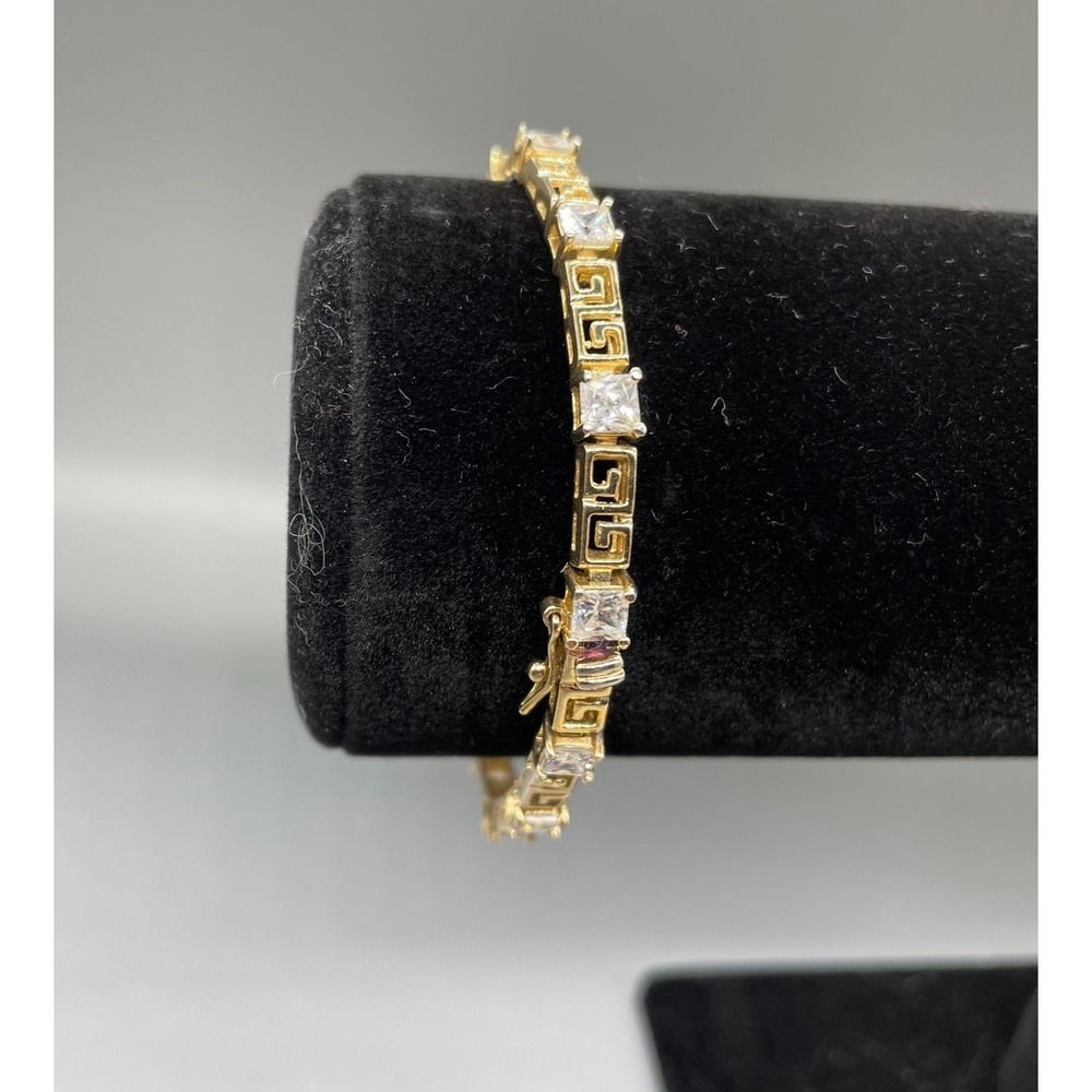 925 Sterling Silver Gold Vermeil Greek Key Princess Cut CZ Tennis Bracelet 7.25"